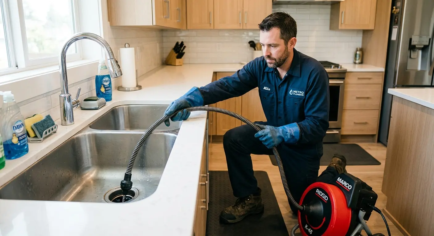 Drain cleaning technician using a motorized snake on a kitchen sink in Piedmont