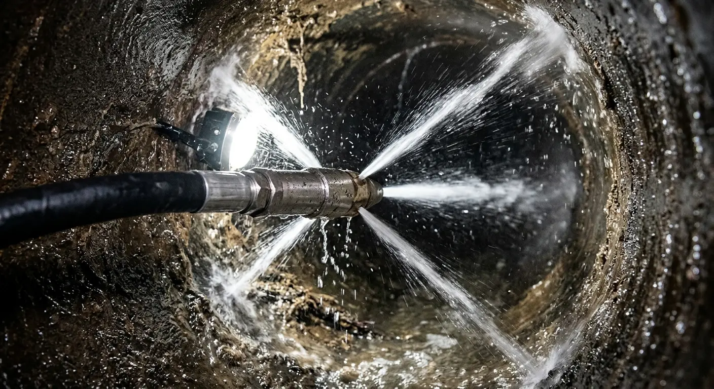 High-pressure hydro jetting nozzle cleaning sewer pipe for Trenchless Sewer Repair in Piedmont