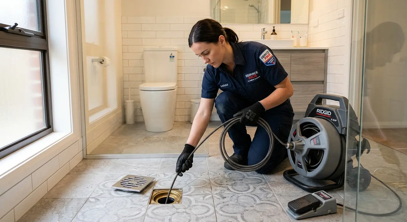 Technician clearing a bathroom floor drain for Sewer Line Installation in Piedmont